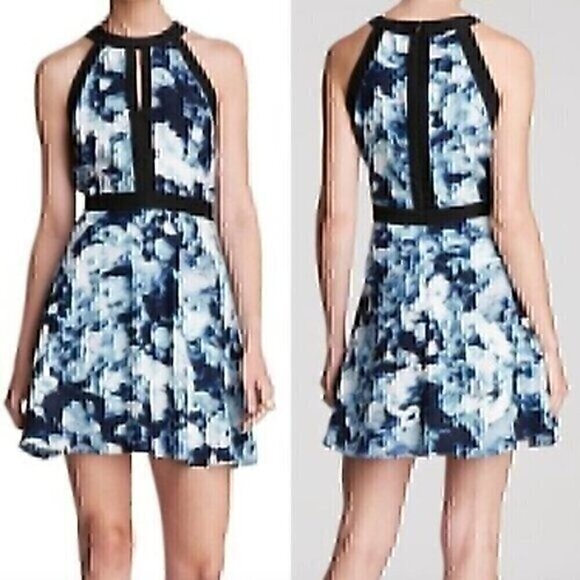 PARKER Nika Keyhole Dress Blue Floral Black Trim Sleeveless SILK Mini Fit Flare - Picture 1 of 12